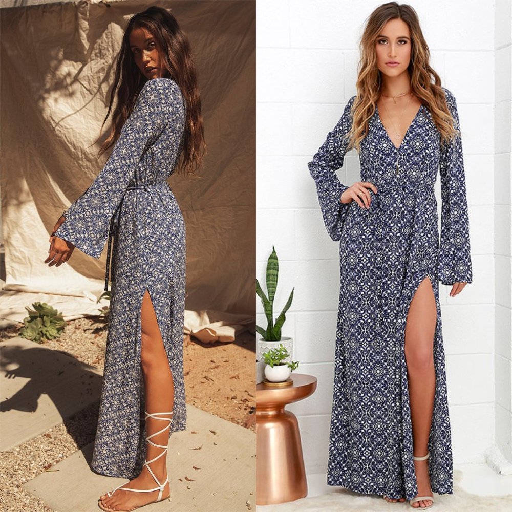 Blue Floral Wrap Maxi Dress with Thigh Slit - Women